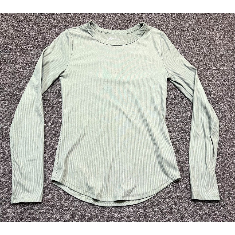 No Boundaries Shirt Top Women's Small Sage Green Ribbed Curved Hem Round Neck